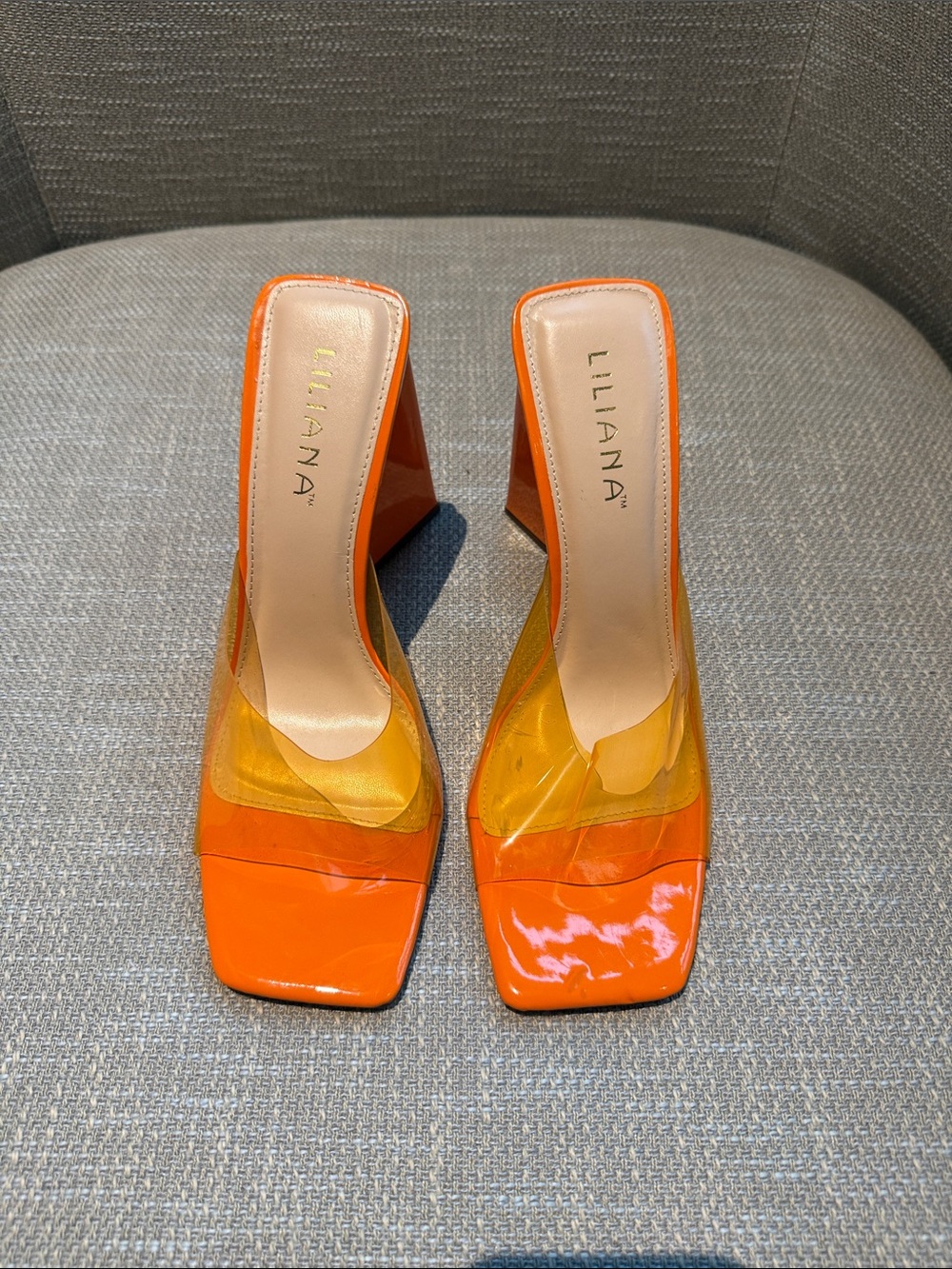 Liliana Orange and Yellow Clear Strap Block Heel Mules